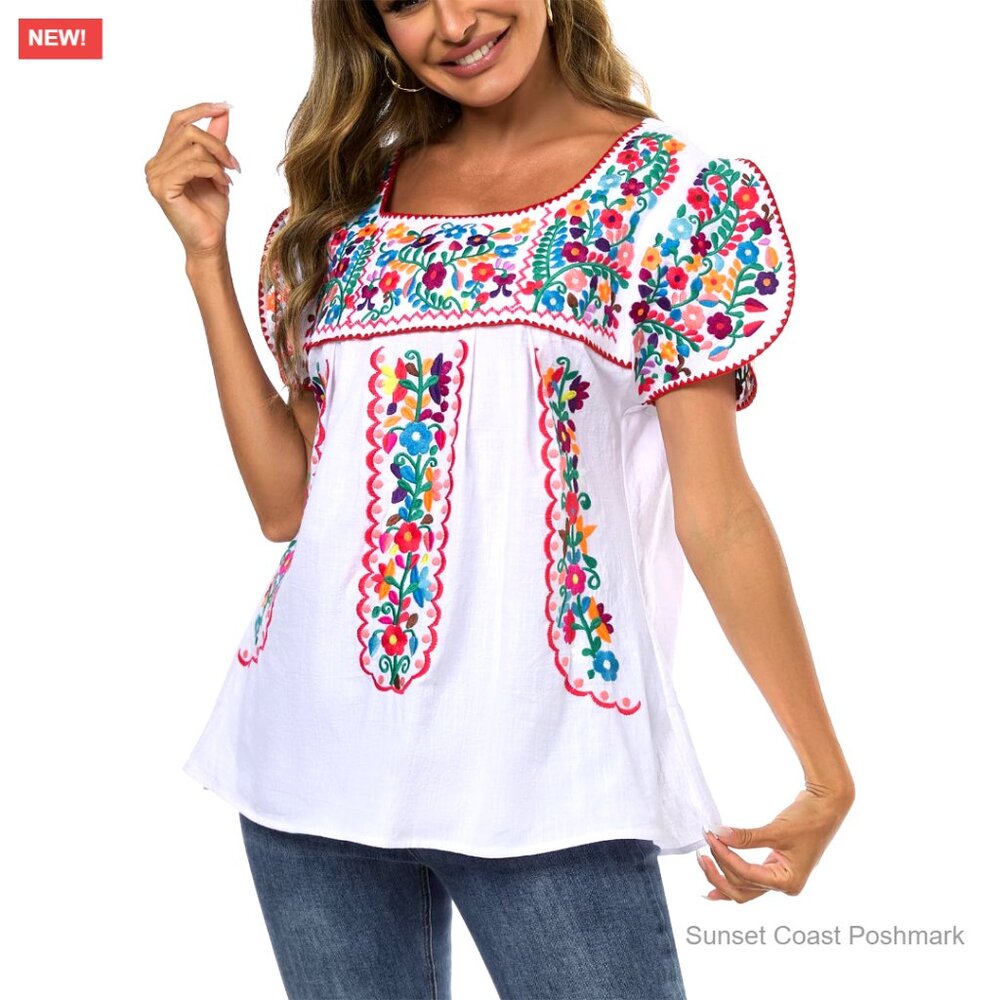 Embroidered Boho Relaxed Fit Top White Multicolor Short Sleeve Travel Resort New